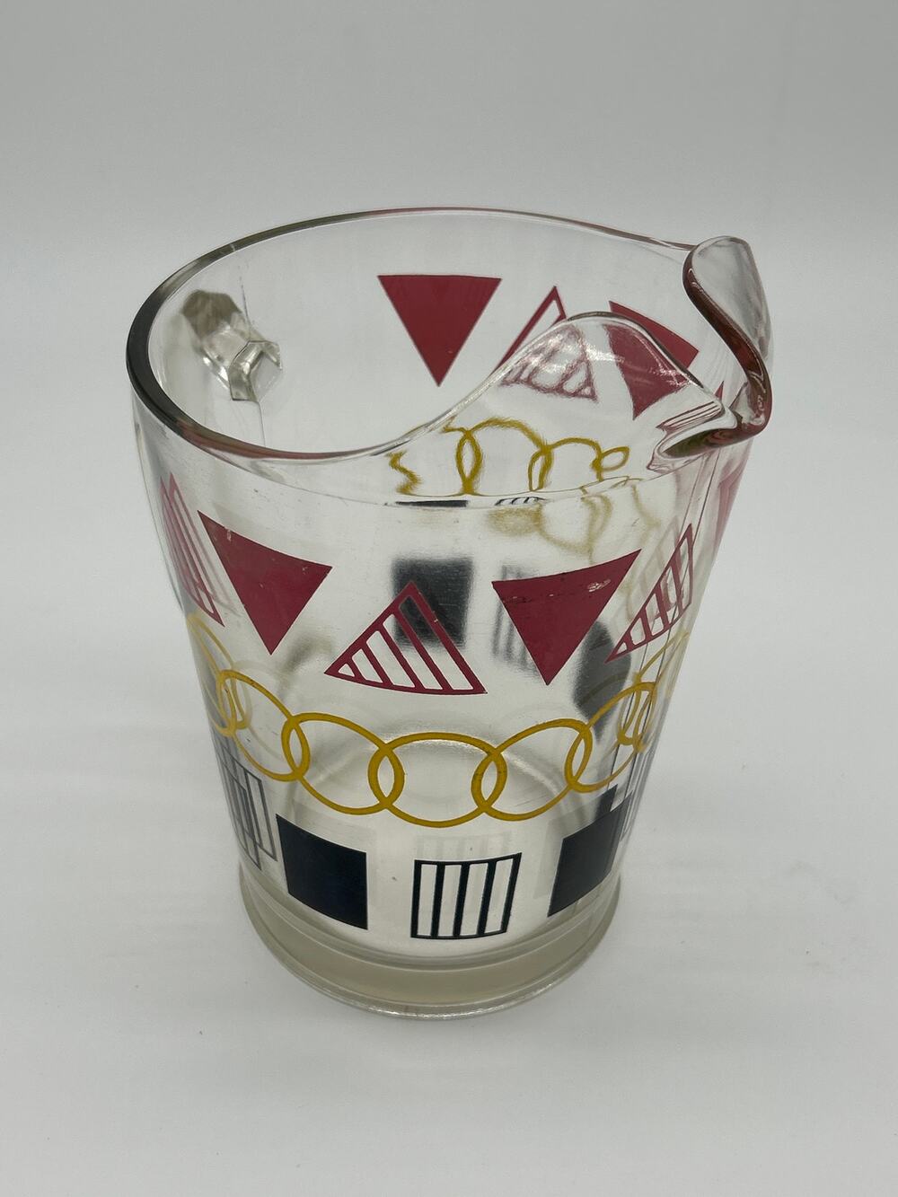 Vintage Mid Century Modern Glass Pitcher Geometric Abstract Pink Black 7” MCM